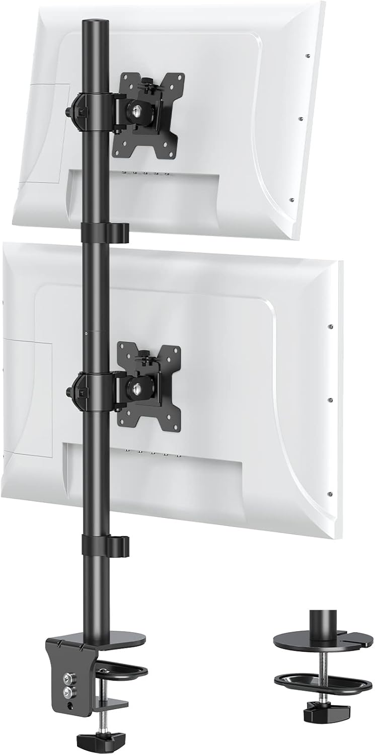 MOUNT PRO Vertical Dual Monitor Stand, Stacked Monitor Mount for 2 Monitors Up to 32 inches, Computer Monitor Arm with Swivel, Tilt, Height Adjustable, Each Monitor Desk Mount Holds up to 17.6 lbs - Image 1